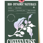Bio-Dynamic Naturals coffee with a green and white color scheme featuring illustrations of coffee beans and leaves.  'COFFEEVERSE'.