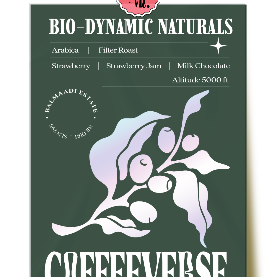 Bio-Dynamic Naturals coffee with a green and white color scheme featuring illustrations of coffee beans and leaves.  'COFFEEVERSE'.