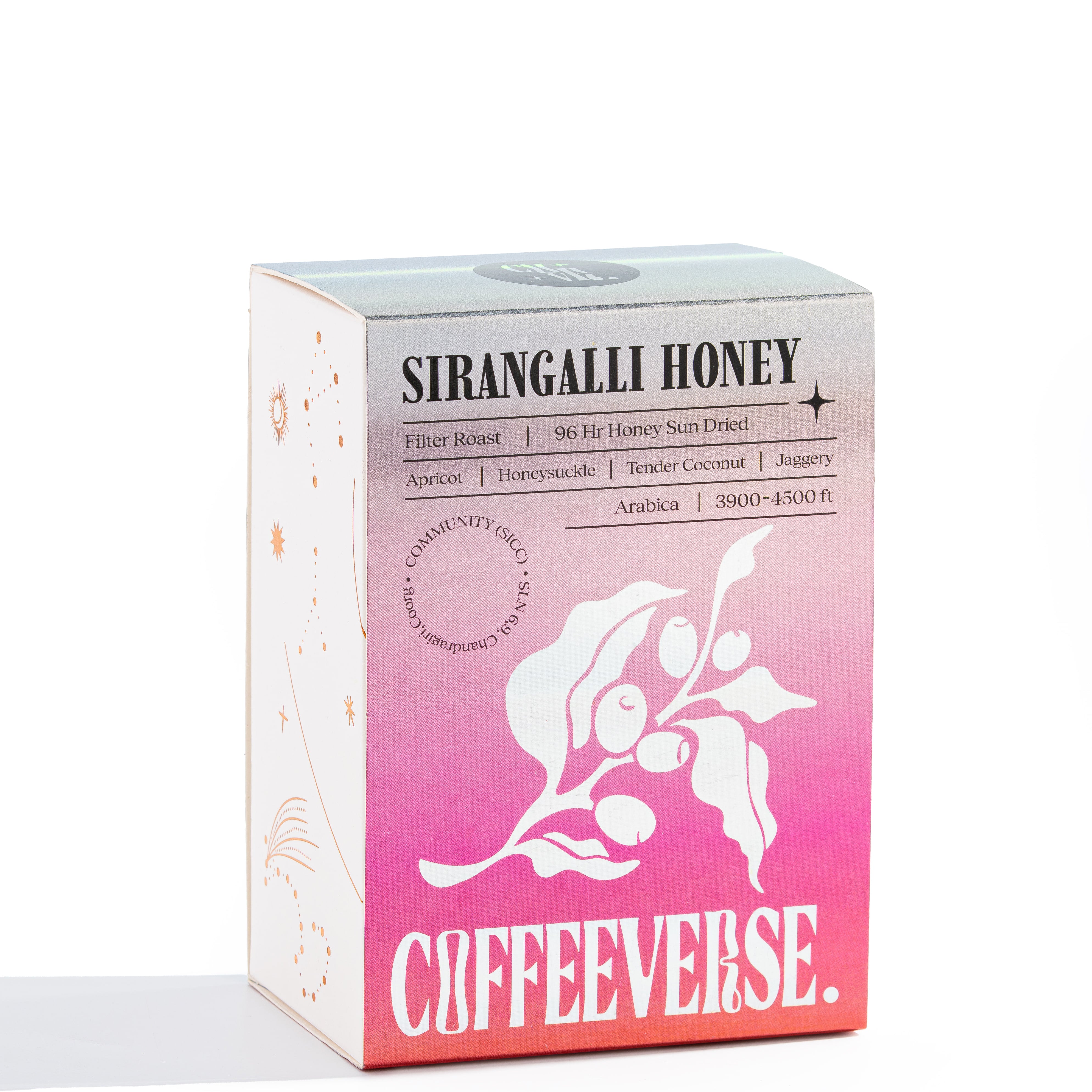 Sirangalli Honey packaging showcasing its fruity notes and smooth finish, ideal for coffee lovers.