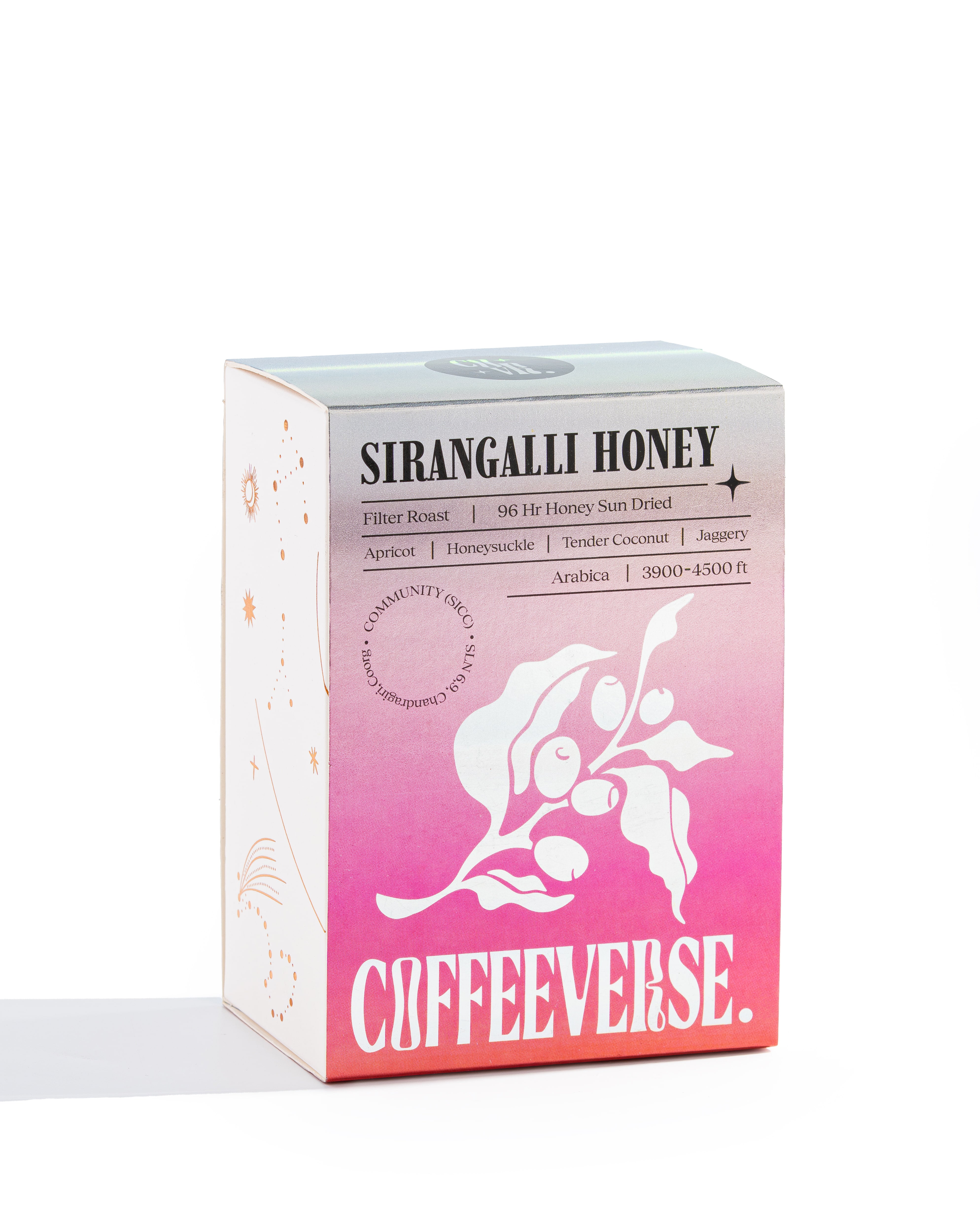Sirangalli Honey packaging showcasing its fruity notes and smooth finish, ideal for coffee lovers.