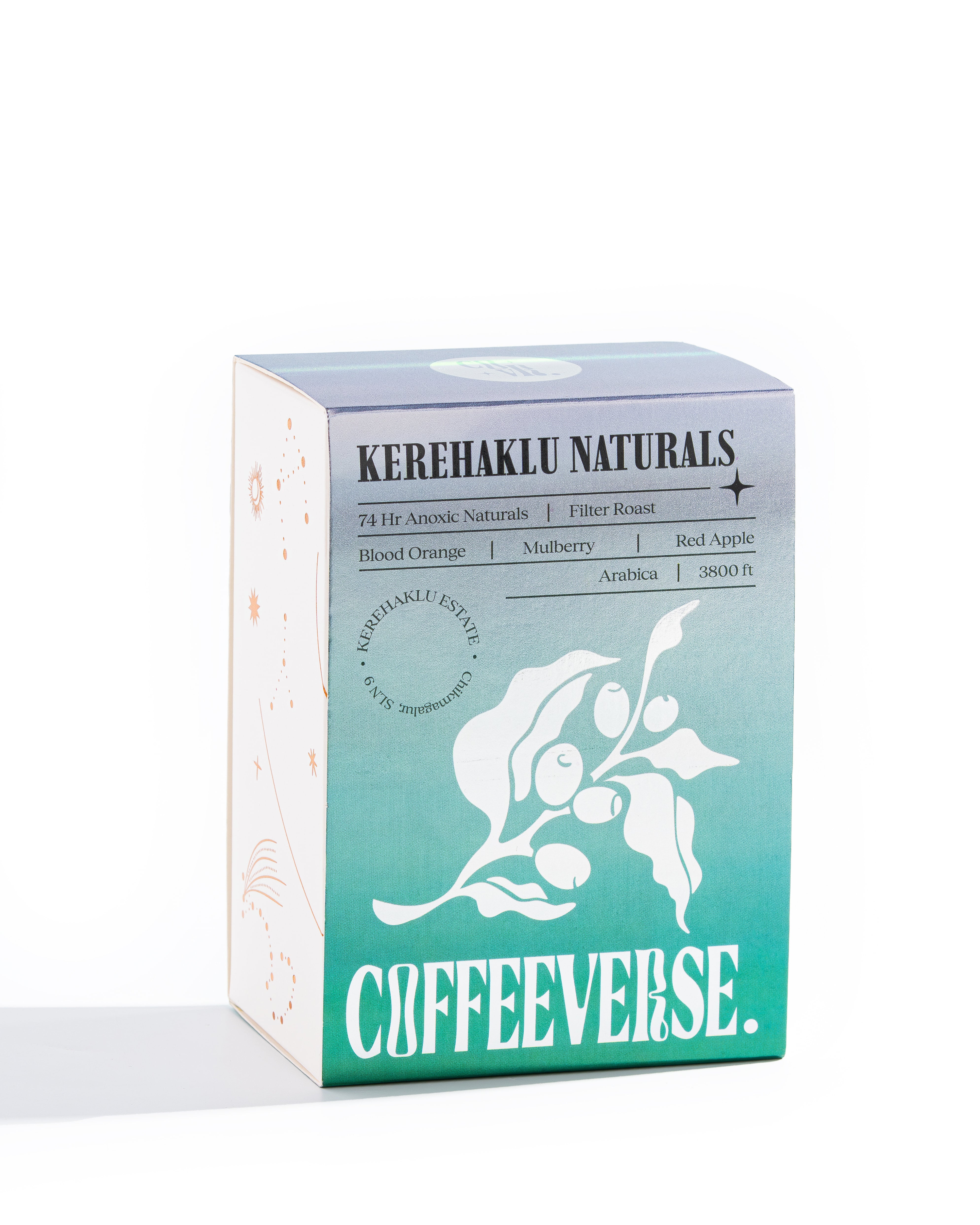 Kerehaklu Anoxic Naturals coffee package featuring vibrant notes of blood orange, mulberry, and red apple.