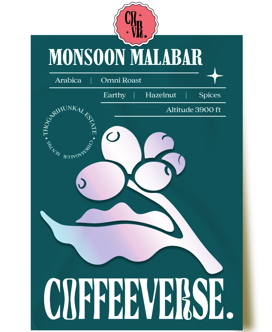 Monsoon Malabar Omni Roast coffee from Thogarihunkal Estate. The packaging is green with an illustration of a coffee bean and text detailing the coffee's characteristics such as 'Earthy', 'Hazelnut', and 'Spices'.