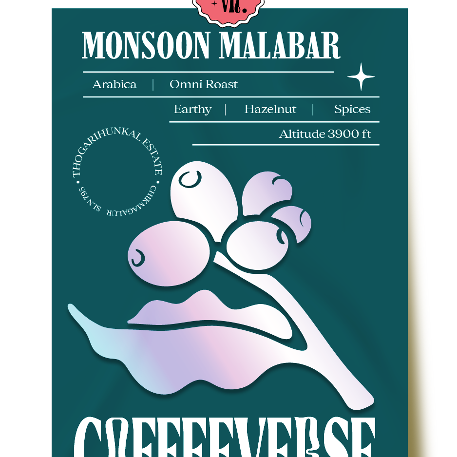 Monsoon Malabar Omni Roast coffee from Thogarihunkal Estate. The packaging is green with an illustration of a coffee bean and text detailing the coffee's characteristics such as 'Earthy', 'Hazelnut', and 'Spices'.