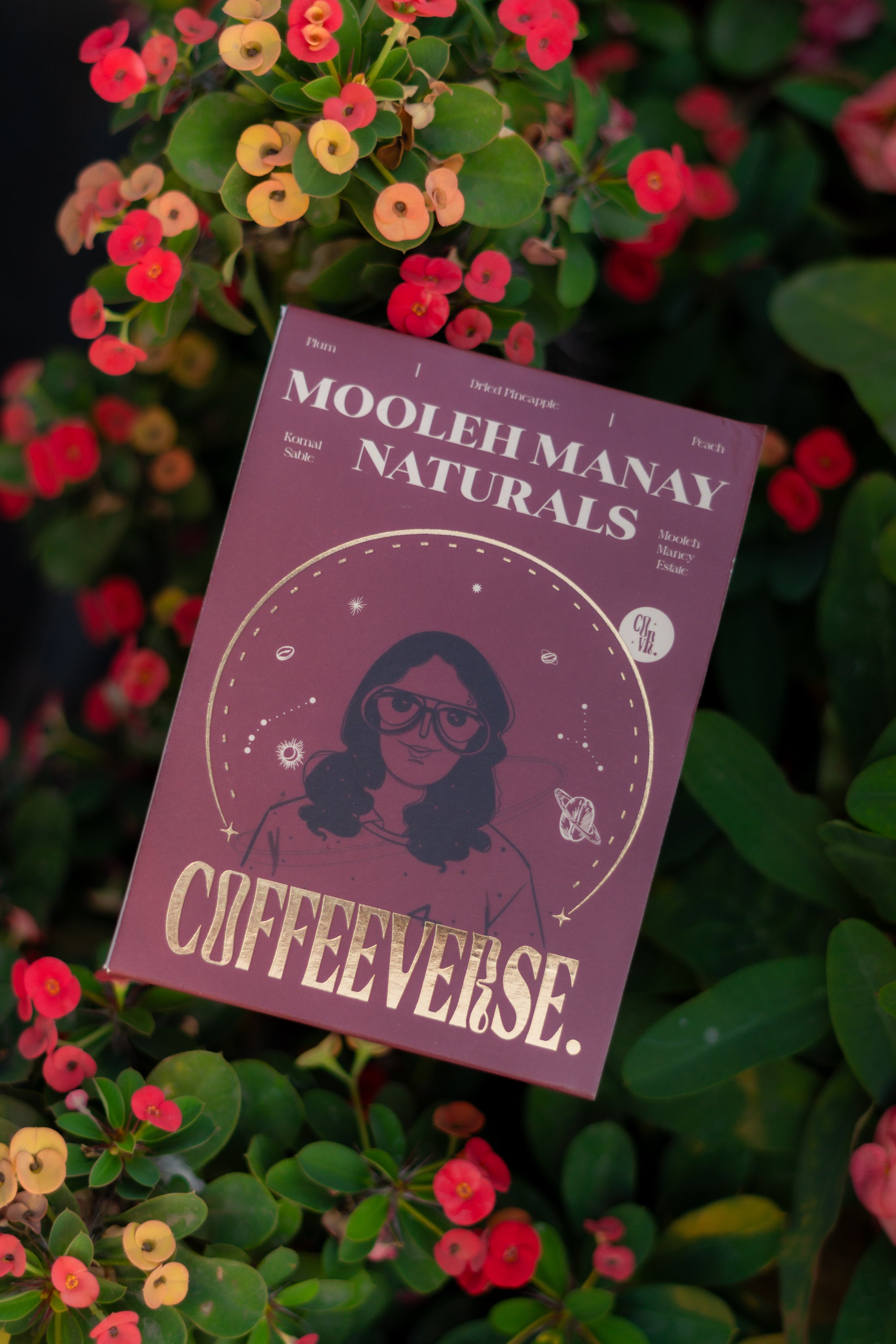 A pack of Mooleh Manay Naturals coffee placed on a surface with red and yellow flowers around it.