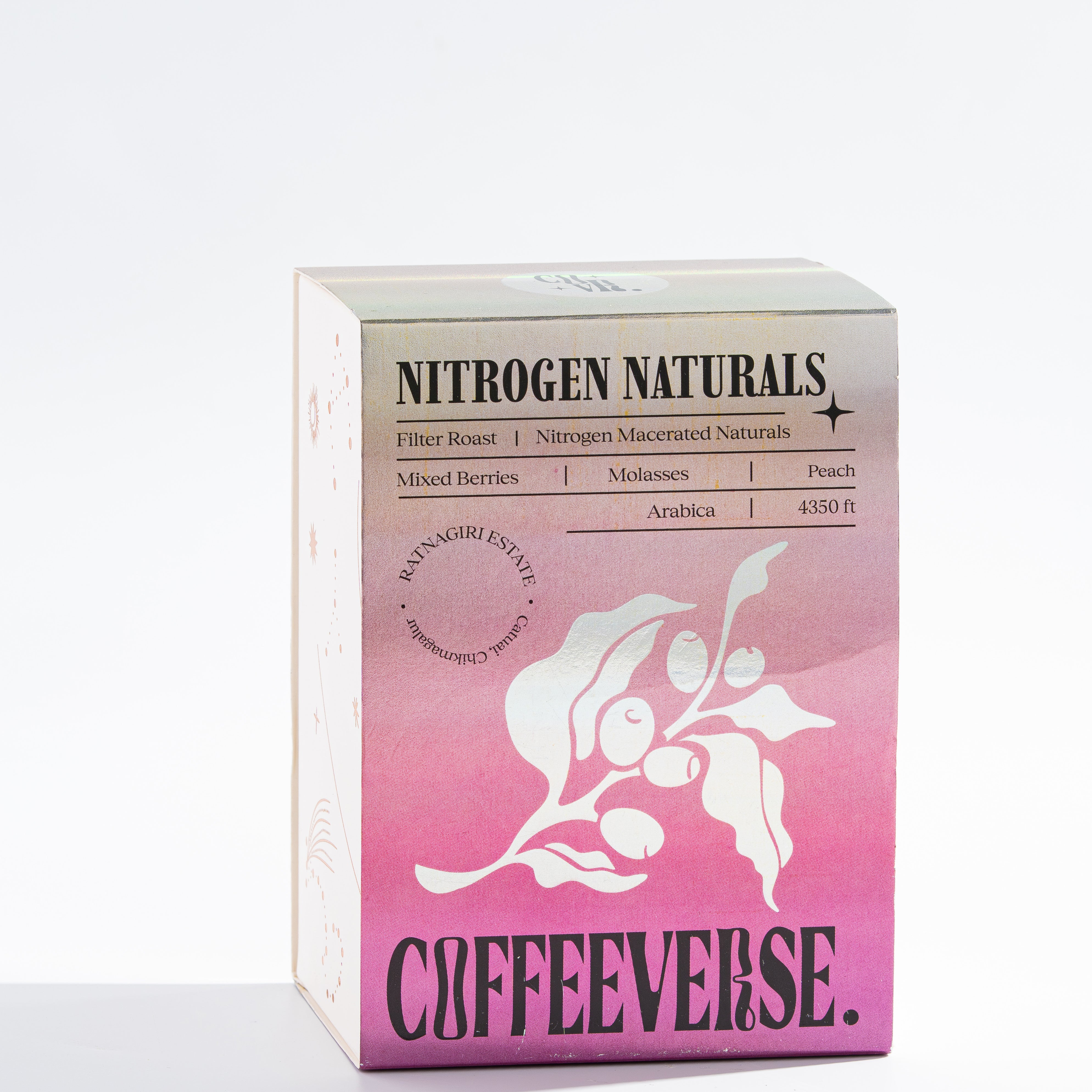 Nitrogen Naturals coffee packaging with floral design and information about flavor profile and brewing.