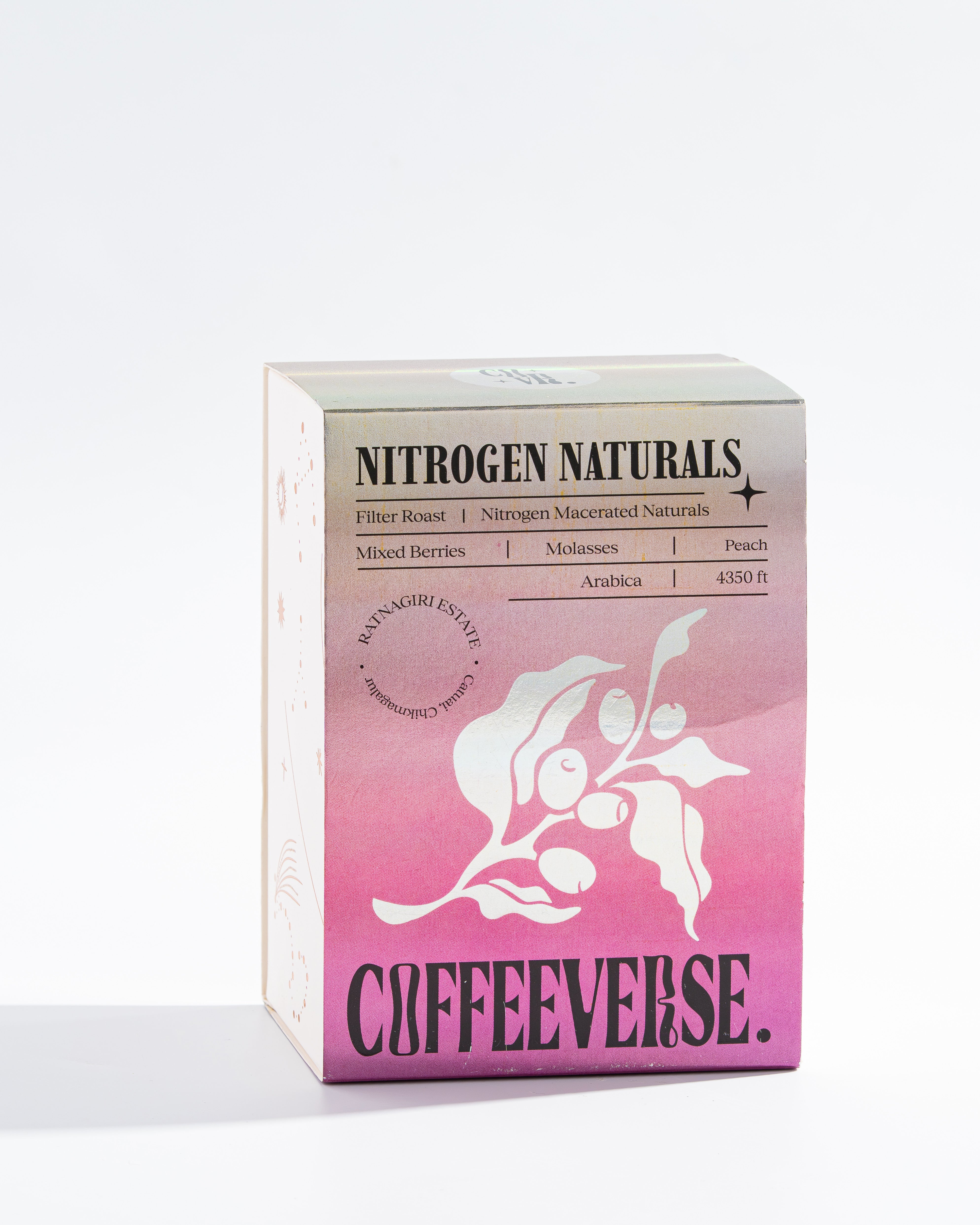 Nitrogen Naturals coffee packaging with floral design and information about flavor profile and brewing.